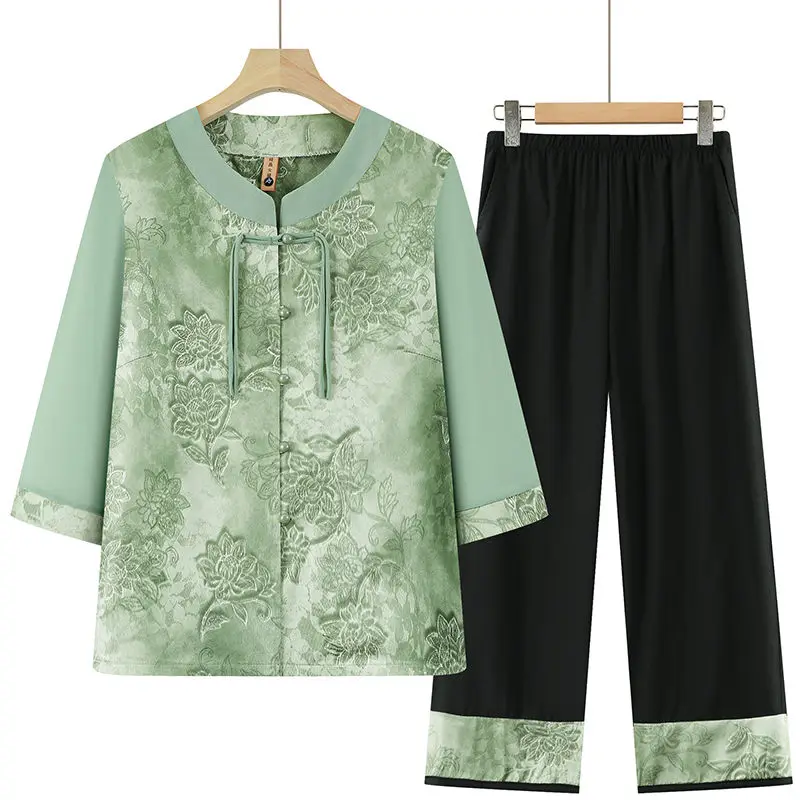 Женская одежда среднего и пожилого возраста, летний костюм для мамы, топ для бабушки, тонкий комплект из двух предметов, рубашка для пожилых женщин, одежда 
Женская одежда среднего и пожилого возраста, летний костюм для мамы, топ для бабушки, тонкий комплект из двух предметов, рубашка для пожилых женщин, одежда