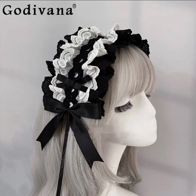 Готический головной убор в стиле Dark Lolita: женская черно-белая кружевная повязка на голову с бантом в японском стиле, милый аксессуар для женщин
Готический головной убор в стиле Dark Lolita: женская черно-белая кружевная повязка на голову с бантом в японском стиле, милый аксессуар для женщин