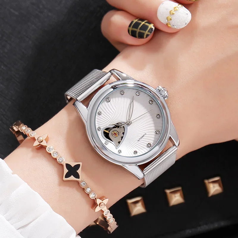 Unique Fashion Women Automatic Mechanical Watch Waterproofing Steel Strap Tourbillion Watch Charm Leisure Watch Supplier
Unique Fashion Women Automatic Mechanical Watch Waterproofing Steel Strap Tourbillion Watch Charm Leisure Watch Supplier