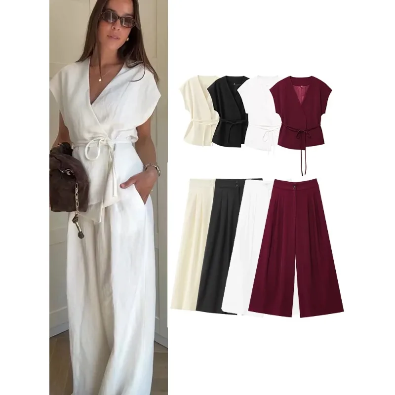 Fashion Women's Trouser Suits Sleeveless V-Neck Top With Belt Straight Pants Sets 2025 Spring Summer Commuter 2 Piece Set
Fashion Women's Trouser Suits Sleeveless V-Neck Top With Belt Straight Pants Sets 2025 Spring Summer Commuter 2 Piece Set