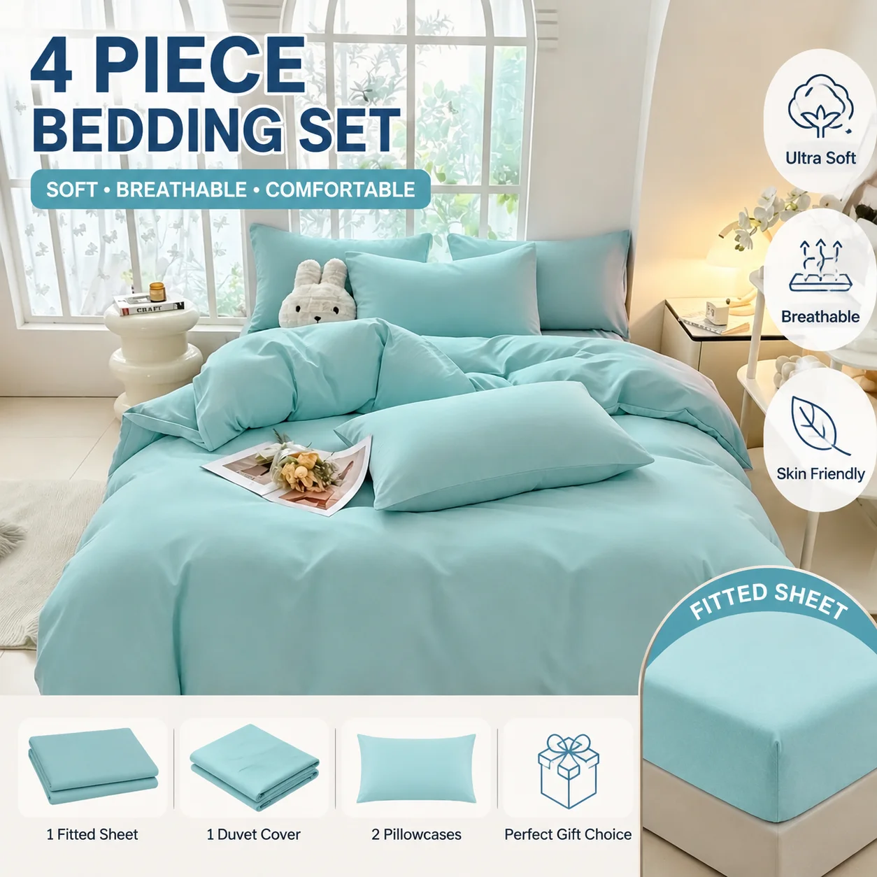 4pcs Duvet Cover Set-Includes Duvet Cover, Fitted Sheet, 2 Pillowcases, Breathable Soft Comforter,Machine Washable
4pcs Duvet Cover Set-Includes Duvet Cover, Fitted Sheet, 2 Pillowcases, Breathable Soft Comforter,Machine Washable