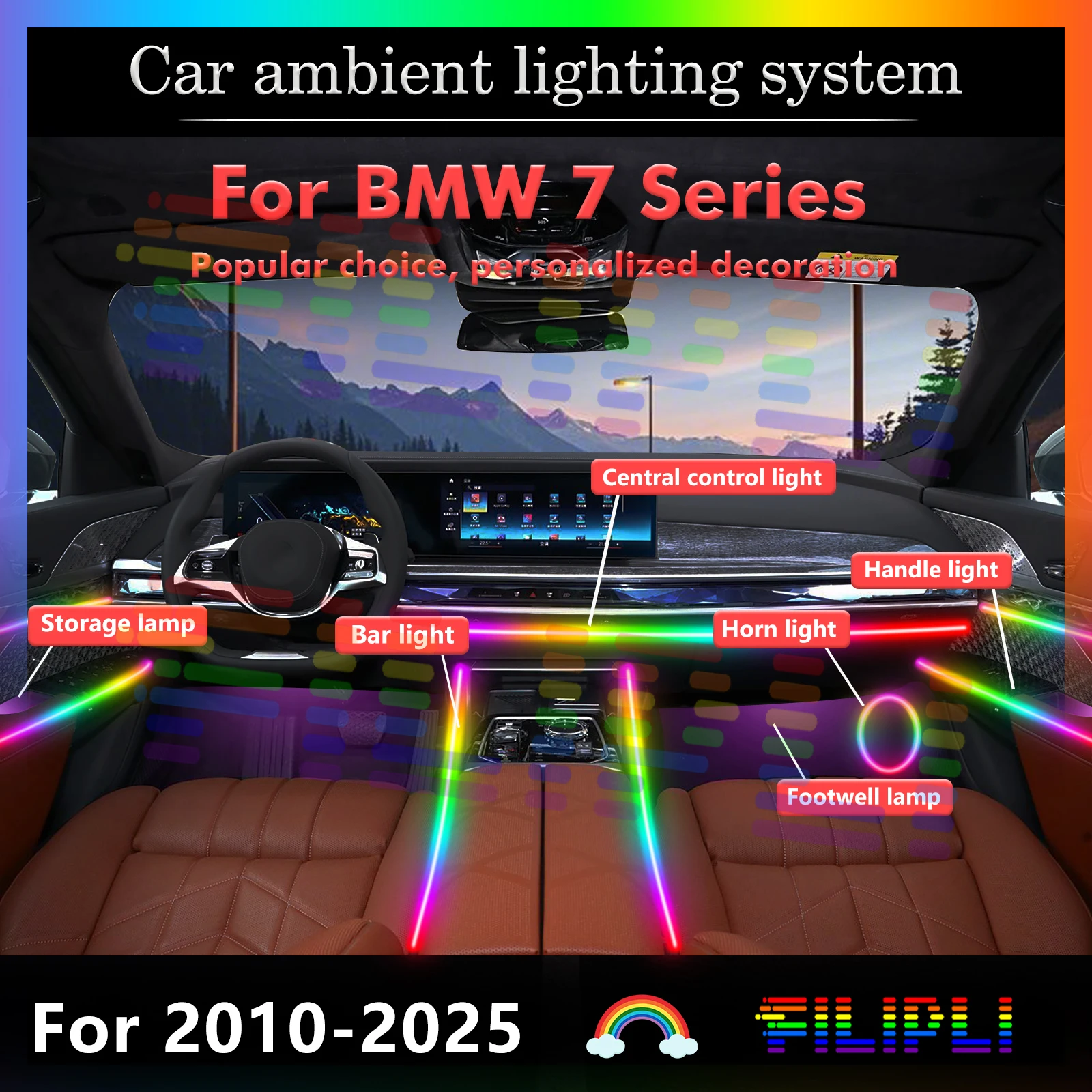 For BMW 7 Series Car Interior Ambient Lamp Kit RGB 64-Color LED Rainbow Acrylic Strip Smart Remote Control Energy Saving
For BMW 7 Series Car Interior Ambient Lamp Kit RGB 64-Color LED Rainbow Acrylic Strip Smart Remote Control Energy Saving