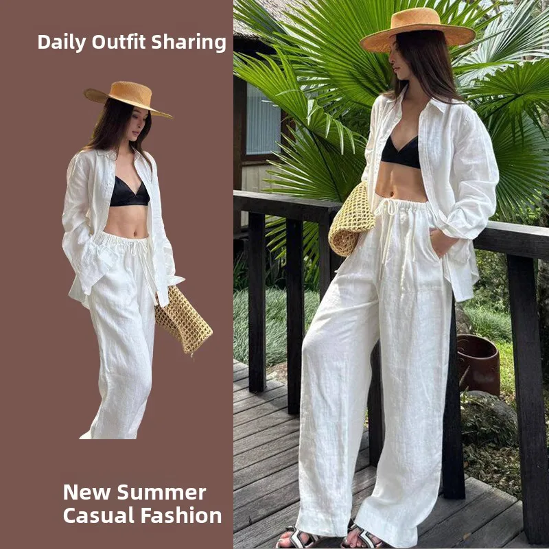 Ladies Summer Casual Cotton Linen Shirt Wide Leg Pants Two Piece Set Thin Fashionable Commute Outfit High Waist Loose Fit
Ladies Summer Casual Cotton Linen Shirt Wide Leg Pants Two Piece Set Thin Fashionable Commute Outfit High Waist Loose Fit