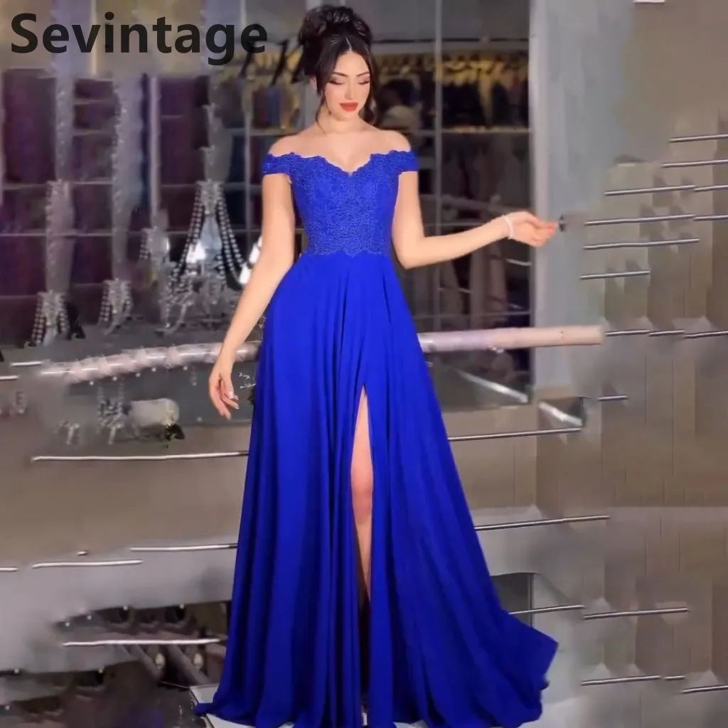 Sevintage 2025 Dubai Royal Blue Evening Dress Chiffon Off Shoulder Saudi Arabic Prom Party Dress Women Formal Gowns Customized
Sevintage 2025 Dubai Royal Blue Evening Dress Chiffon Off Shoulder Saudi Arabic Prom Party Dress Women Formal Gowns Customized