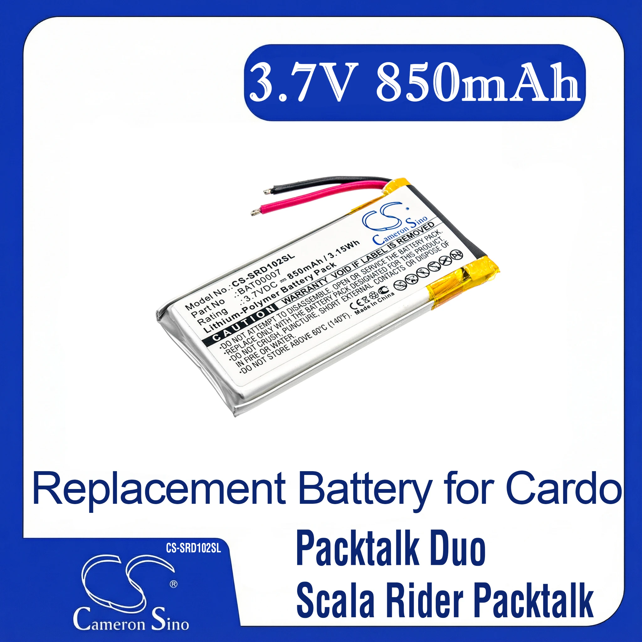 Cameron Sino Replacement Battery for Cardo Packtalk Duo, Scala Rider Packtalk, SRPT0102, Fits P/N BAT00007
Cameron Sino Replacement Battery for Cardo Packtalk Duo, Scala Rider Packtalk, SRPT0102, Fits P/N BAT00007