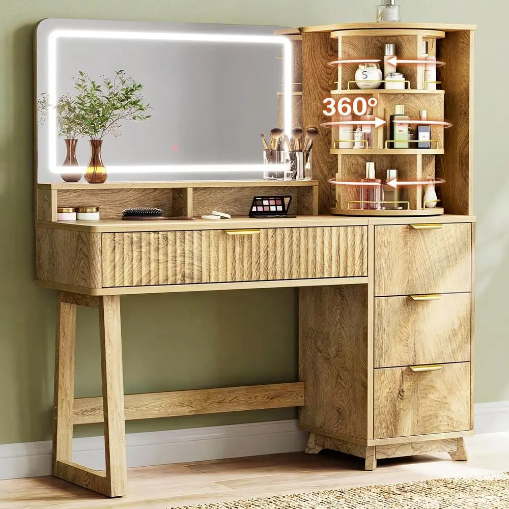 Womens Vanity Desk with Mirror and Led Lights - 47.3" Makeup Vanitys Table with 360° Rotating Storage Shel and 4 Ders, luted Woo
Womens Vanity Desk with Mirror and Led Lights - 47.3" Makeup Vanitys Table with 360° Rotating Storage Shel and 4 Ders, luted Woo
