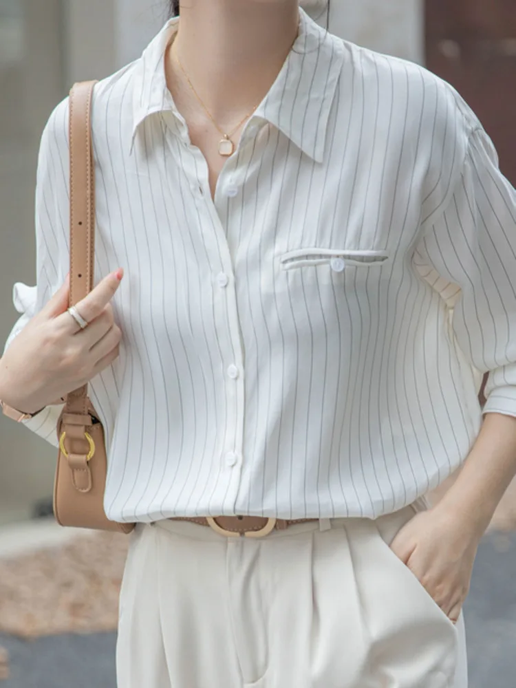 Women Casual Long Sleeve High Quality Striped Shirt French Elegant Loose Blouse Office Ladies Elegant Oversized Tunics 2024
Women Casual Long Sleeve High Quality Striped Shirt French Elegant Loose Blouse Office Ladies Elegant Oversized Tunics 2024