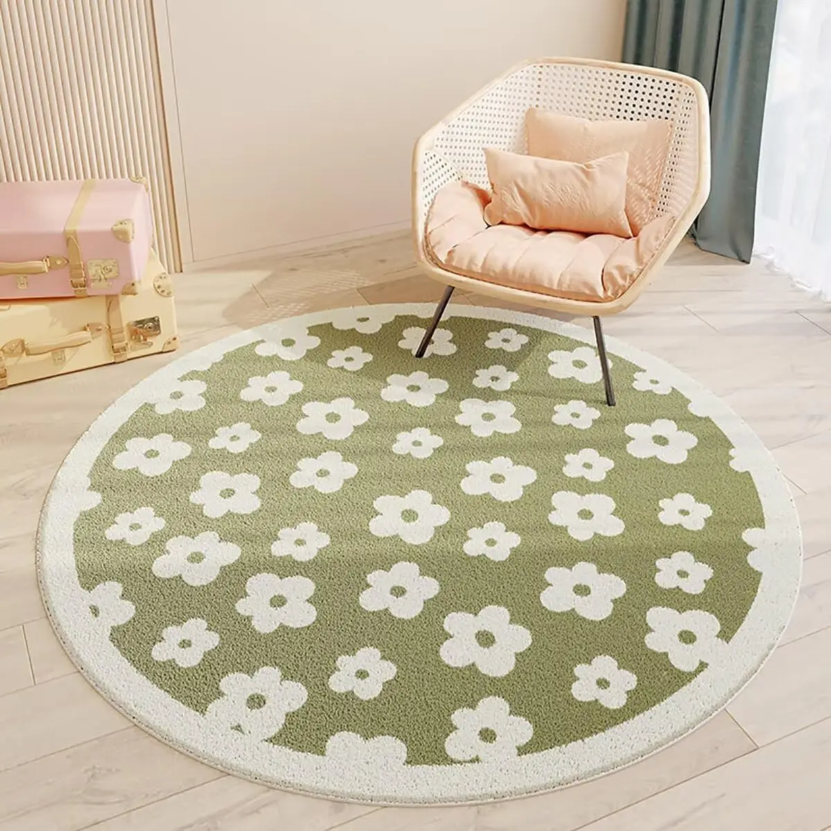 Olive Green Daisy Print Round Rug White Flowers for Modern Boho Bedroom
Olive Green Daisy Print Round Rug White Flowers for Modern Boho Bedroom