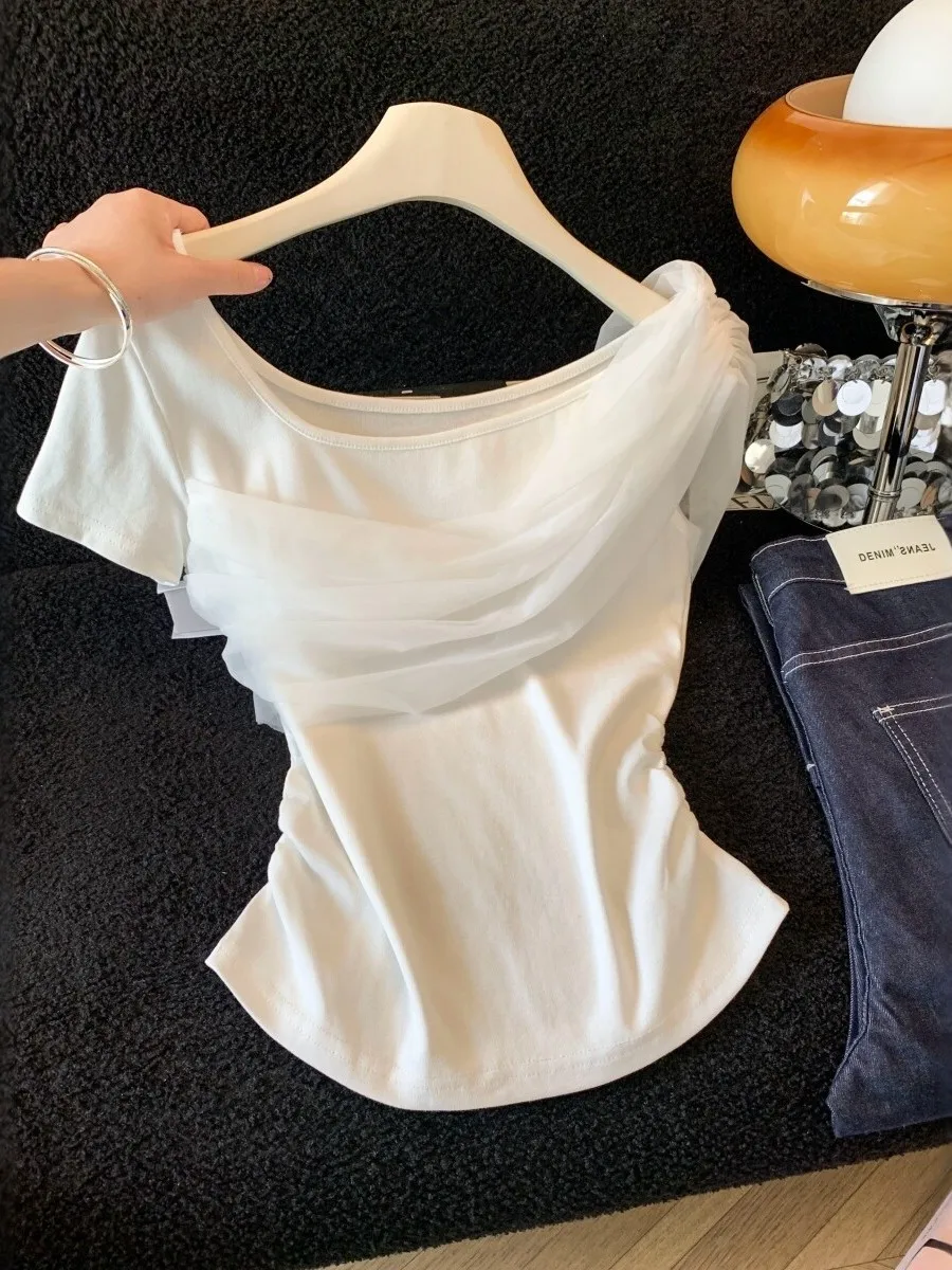 Summer Pure Desire Style Mesh Splice Diagonal Shoulder Short Sleeve T-Shirt Women's Korean System Slimming Shoulder Exposure Top
Summer Pure Desire Style Mesh Splice Diagonal Shoulder Short Sleeve T-Shirt Women's Korean System Slimming Shoulder Exposure Top