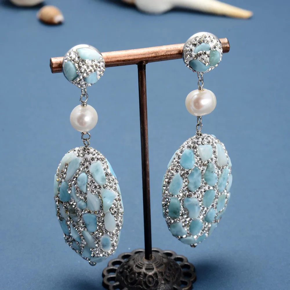 Natural Blue Larimar Silver Color Rhinestone Pave Oval Cultured White Round Pearl Stud Earrings For Women
Natural Blue Larimar Silver Color Rhinestone Pave Oval Cultured White Round Pearl Stud Earrings For Women