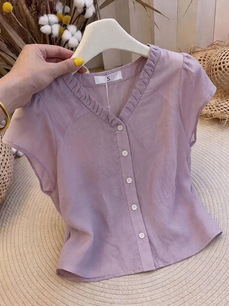 Purple V-neck Chiffon Shirt with Wood Grain Ruffle for Women Summer Korean Style Top Thin Non-deformable Short Sleeve
Purple V-neck Chiffon Shirt with Wood Grain Ruffle for Women Summer Korean Style Top Thin Non-deformable Short Sleeve
