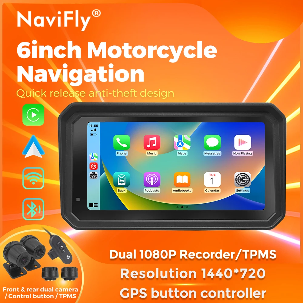 NaviFly 6 inch Motorcycle Navigation CarPlay IP67 Waterproof Dual DVR TPMS Moto screen Wireless Android Auto Magnetic Bracket
NaviFly 6 inch Motorcycle Navigation CarPlay IP67 Waterproof Dual DVR TPMS Moto screen Wireless Android Auto Magnetic Bracket