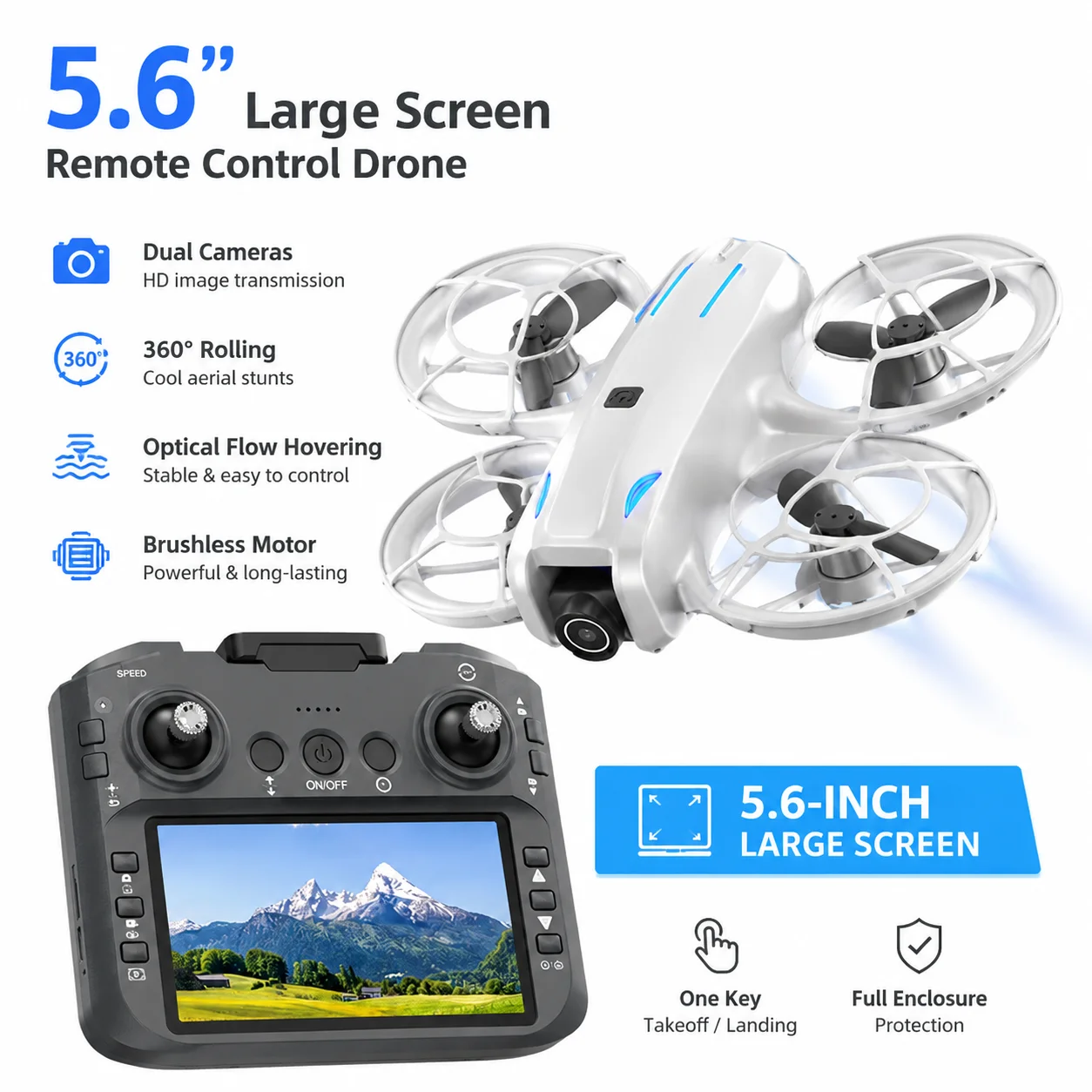 Upgraded 5.6-inch screen FPV drone, dual cameras, 4K HD real-time video, 360° flips, follow mode, an excellent gift for beginner
Upgraded 5.6-inch screen FPV drone, dual cameras, 4K HD real-time video, 360° flips, follow mode, an excellent gift for beginner