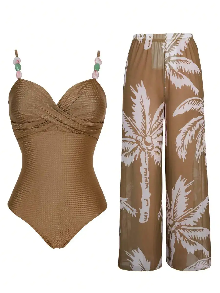 Womens Crossover Strap One-Piece Swimsuit With Palm Tree Print Wide Leg Pants Two Piece Set
Womens Crossover Strap One-Piece Swimsuit With Palm Tree Print Wide Leg Pants Two Piece Set