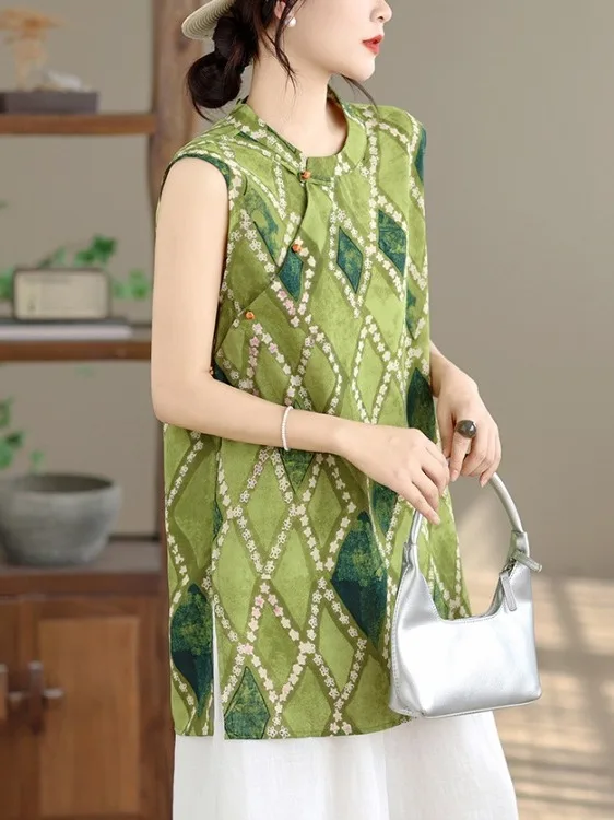 Retro Chinese Style Printed Sleeveless Shirt plus Size Loose Belly Covering Fashionable Top Women's Casual Wear Summer New
Retro Chinese Style Printed Sleeveless Shirt plus Size Loose Belly Covering Fashionable Top Women's Casual Wear Summer New