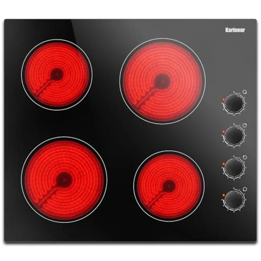 4 Burner Electric Cooktop 24 Inch for kitchen, black glass surface with black knobs, radiant heating, residual heat indicator a
4 Burner Electric Cooktop 24 Inch for kitchen, black glass surface with black knobs, radiant heating, residual heat indicator a