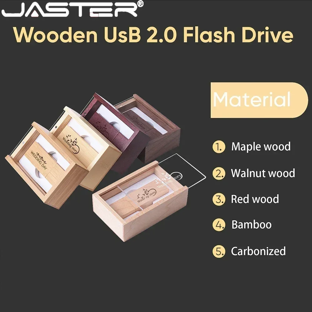 JASTER 나무 USB 2.0 플래시 드라이브 128GB 64GB 아크릴 커버 상자 무료 사용자 정의 로고 펜 드라이브 메모리 스틱 32GB 크리 에이 티브 선물 U 디스크