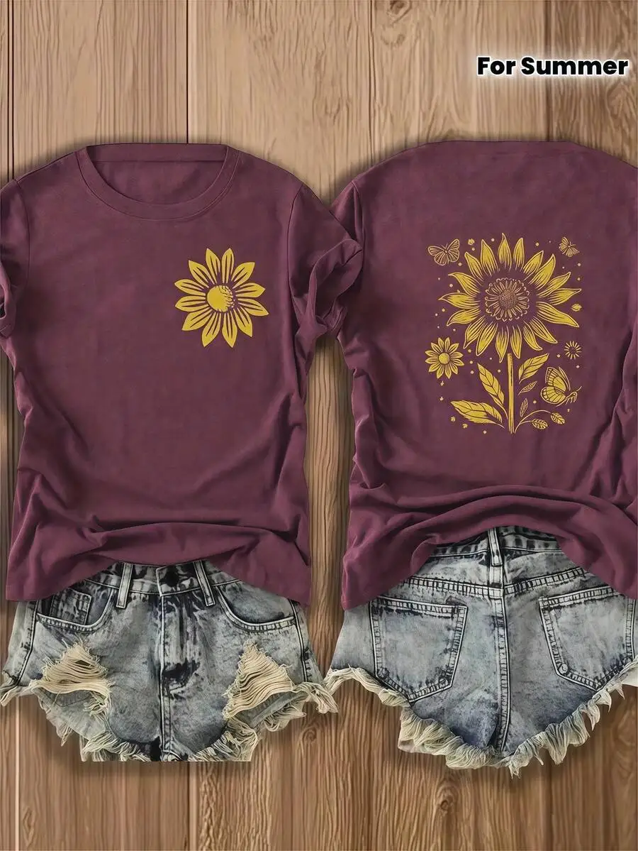 Double Sided Printed Cotton T-Shirt Sunflower Butterfly Design Casual Summer Top
Double Sided Printed Cotton T-Shirt Sunflower Butterfly Design Casual Summer Top