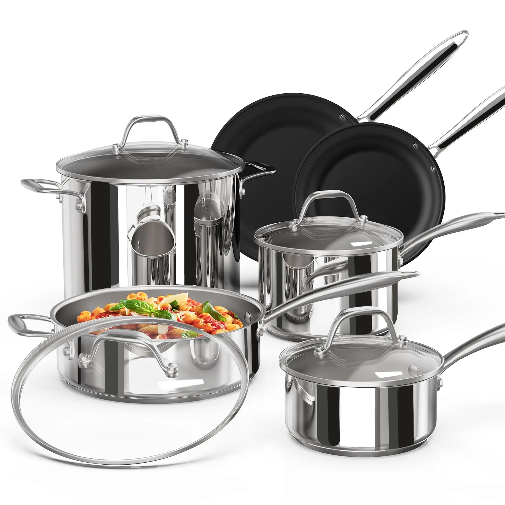 10-Piece Stainless Steel Cookware Set with Non-stick Frying Pans & Glass Lids
10-Piece Stainless Steel Cookware Set with Non-stick Frying Pans & Glass Lids