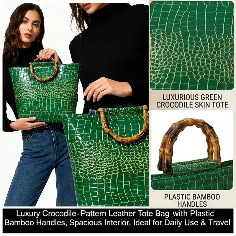 High-end faux leather emerald green crocodile pattern tote bag for women, glossy embossed faux bamboo handle handbag
High-end faux leather emerald green crocodile pattern tote bag for women, glossy embossed faux bamboo handle handbag