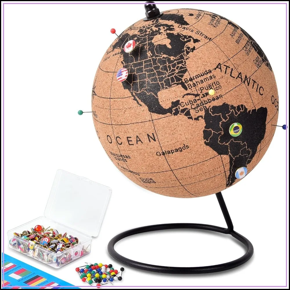 6" Cork Globe with 100 Flag Pins & 50 Colored Push Pins for Travel Tracking, Home or Office Decor
6" Cork Globe with 100 Flag Pins & 50 Colored Push Pins for Travel Tracking, Home or Office Decor