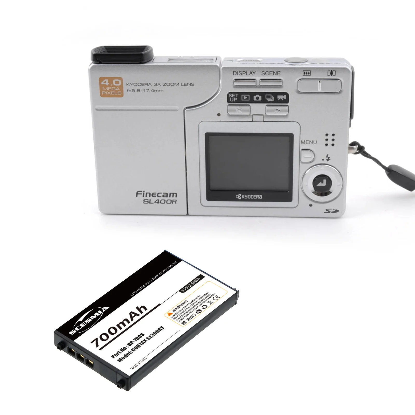 Camera 3.7V 800mAh Camera Battery BP-780S for Kyocera CONTAX SL300RT, Finecam SL300R, SL400R, CS-BP780
Camera 3.7V 800mAh Camera Battery BP-780S for Kyocera CONTAX SL300RT, Finecam SL300R, SL400R, CS-BP780