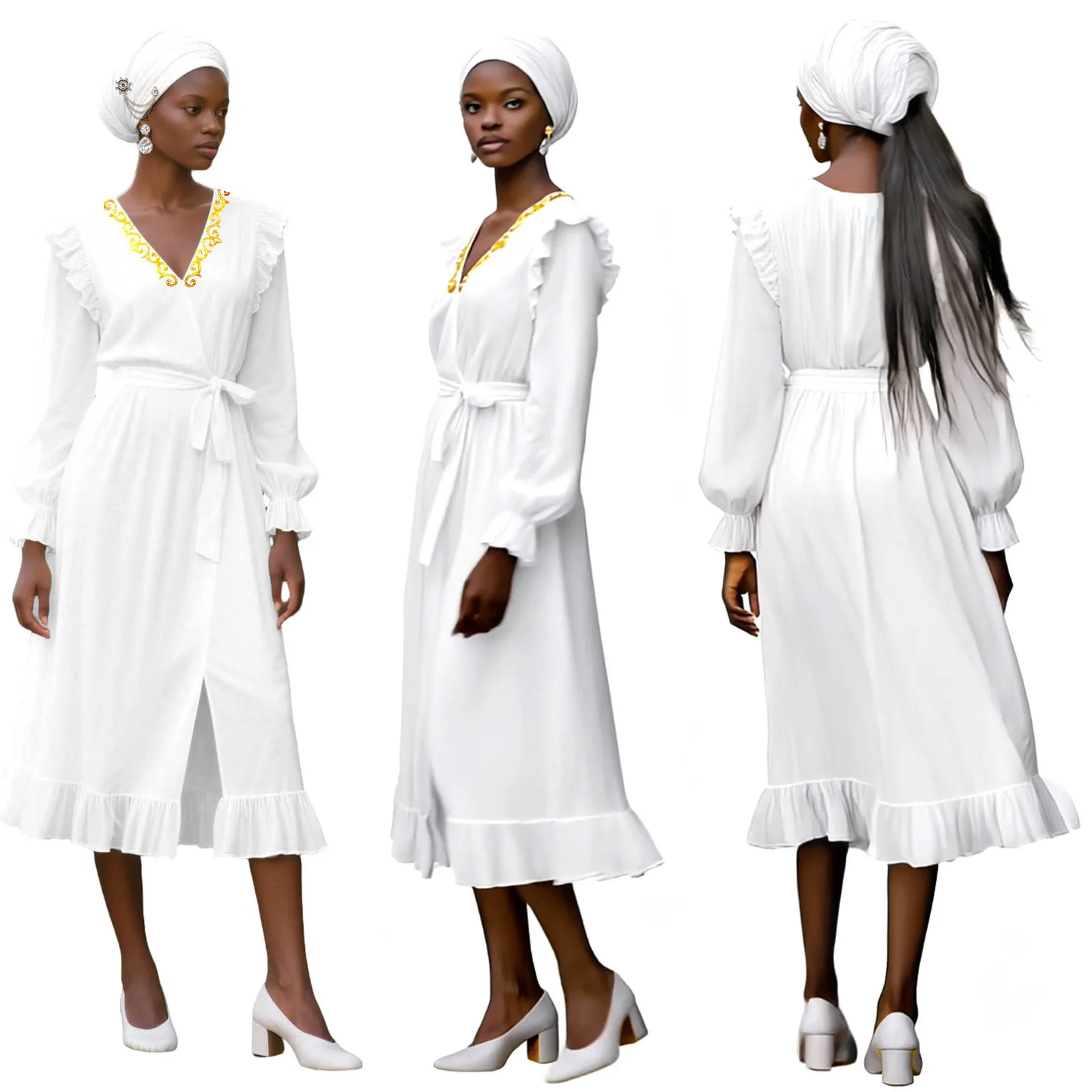 DBQ African Women's Midi Dress Summer Solid Color V Neck Belt Closure Flare Design Includes Headwrap for Wedding Party BD058
DBQ African Women's Midi Dress Summer Solid Color V Neck Belt Closure Flare Design Includes Headwrap for Wedding Party BD058