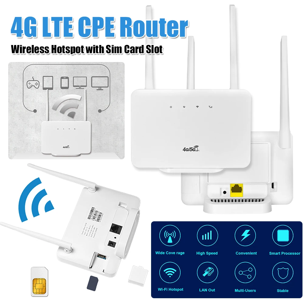 4G Wireless Router 300Mbps 4G LTE CPE Router Modem External Antenna with Sim Card Slot EU Plug Internet Connection