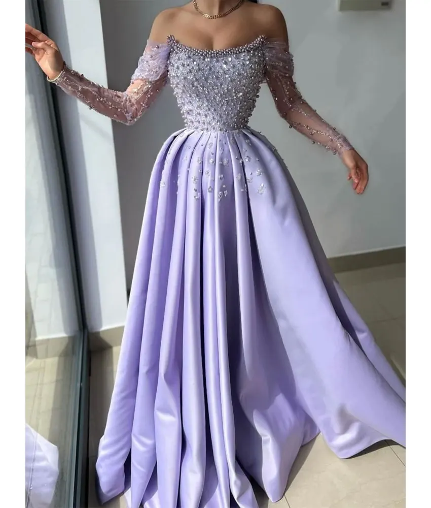 Customized Luxury Crystal Sequined Pearls Beading Satin A-Line Off the Shoulder Evening Dress Delicate Bespoke Occasion Gowns
Customized Luxury Crystal Sequined Pearls Beading Satin A-Line Off the Shoulder Evening Dress Delicate Bespoke Occasion Gowns