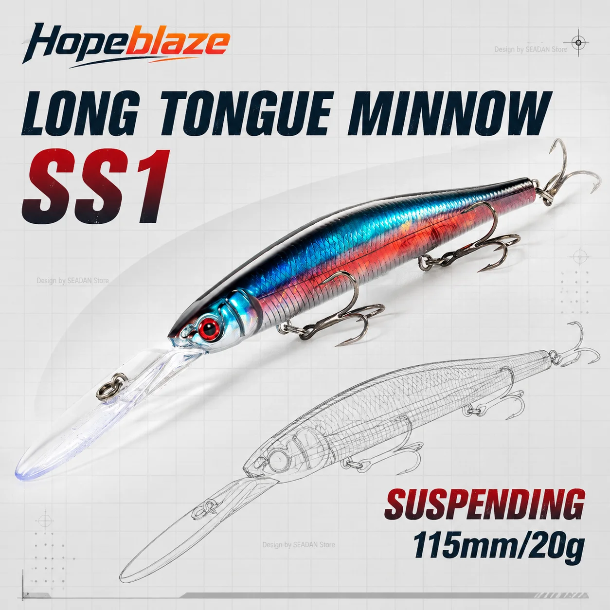 Hopeblaze SS1 Floating Deep Diving Minnow 115mm 20g Dual Rattle Laser Hard Lure Treble Hooks Pike Bass Fresh Salt Water
Hopeblaze SS1 Floating Deep Diving Minnow 115mm 20g Dual Rattle Laser Hard Lure Treble Hooks Pike Bass Fresh Salt Water
