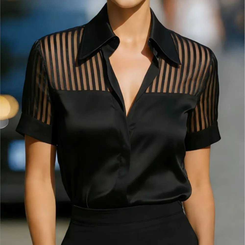 Women's Solid Color Satin Shirt Transparent Striped Patchwork Short Sleeve Elegant Fashion Loose V Neck Office Work Wear Shirt
Women's Solid Color Satin Shirt Transparent Striped Patchwork Short Sleeve Elegant Fashion Loose V Neck Office Work Wear Shirt