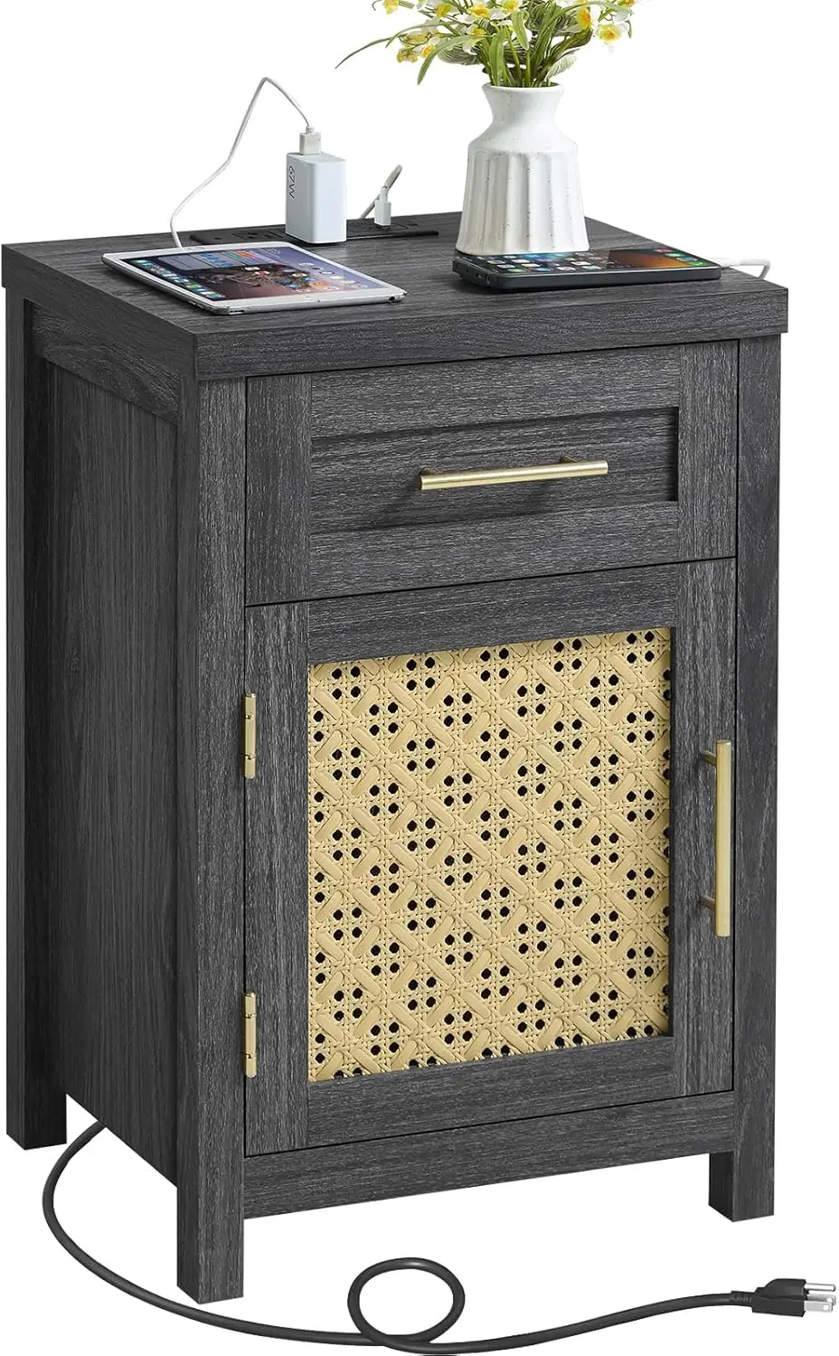 Boho Rattan Nightstand with USB-C Charging Station, 3-Tier Bedside Table with Drawer & Shelf, Dark Grey
Boho Rattan Nightstand with USB-C Charging Station, 3-Tier Bedside Table with Drawer & Shelf, Dark Grey