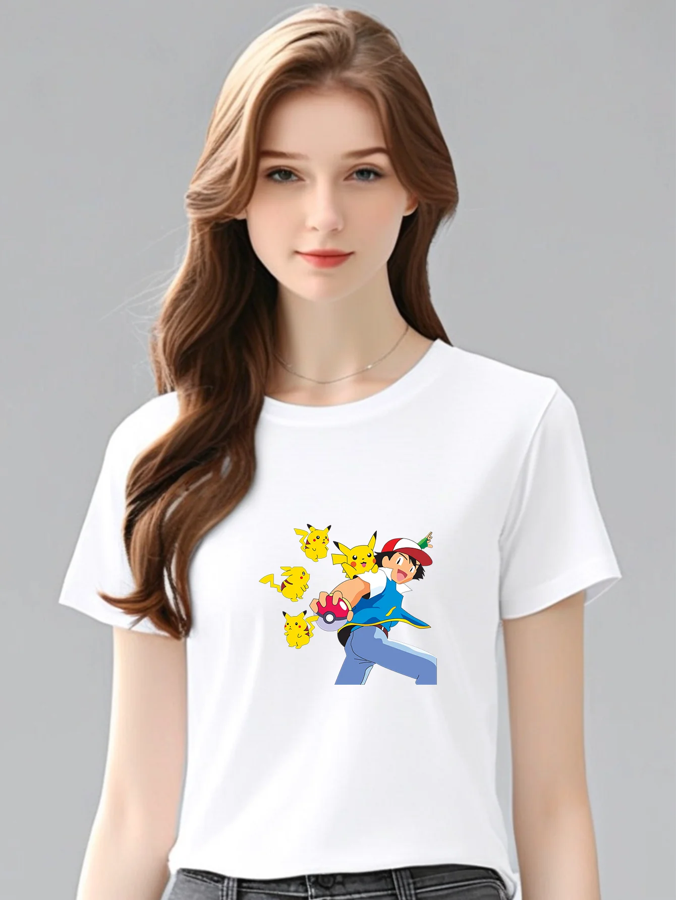1PC Women's White Casual Round Neck Short Sleeve Ash and Pikachu Imitation Embroidery Printed T-shirt
1PC Women's White Casual Round Neck Short Sleeve Ash and Pikachu Imitation Embroidery Printed T-shirt