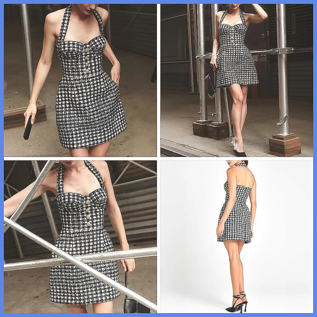 Vintage Plaid Halter Dress for Women, High Waist Slim Fit Patchwork Mini Party Dress
Vintage Plaid Halter Dress for Women, High Waist Slim Fit Patchwork Mini Party Dress