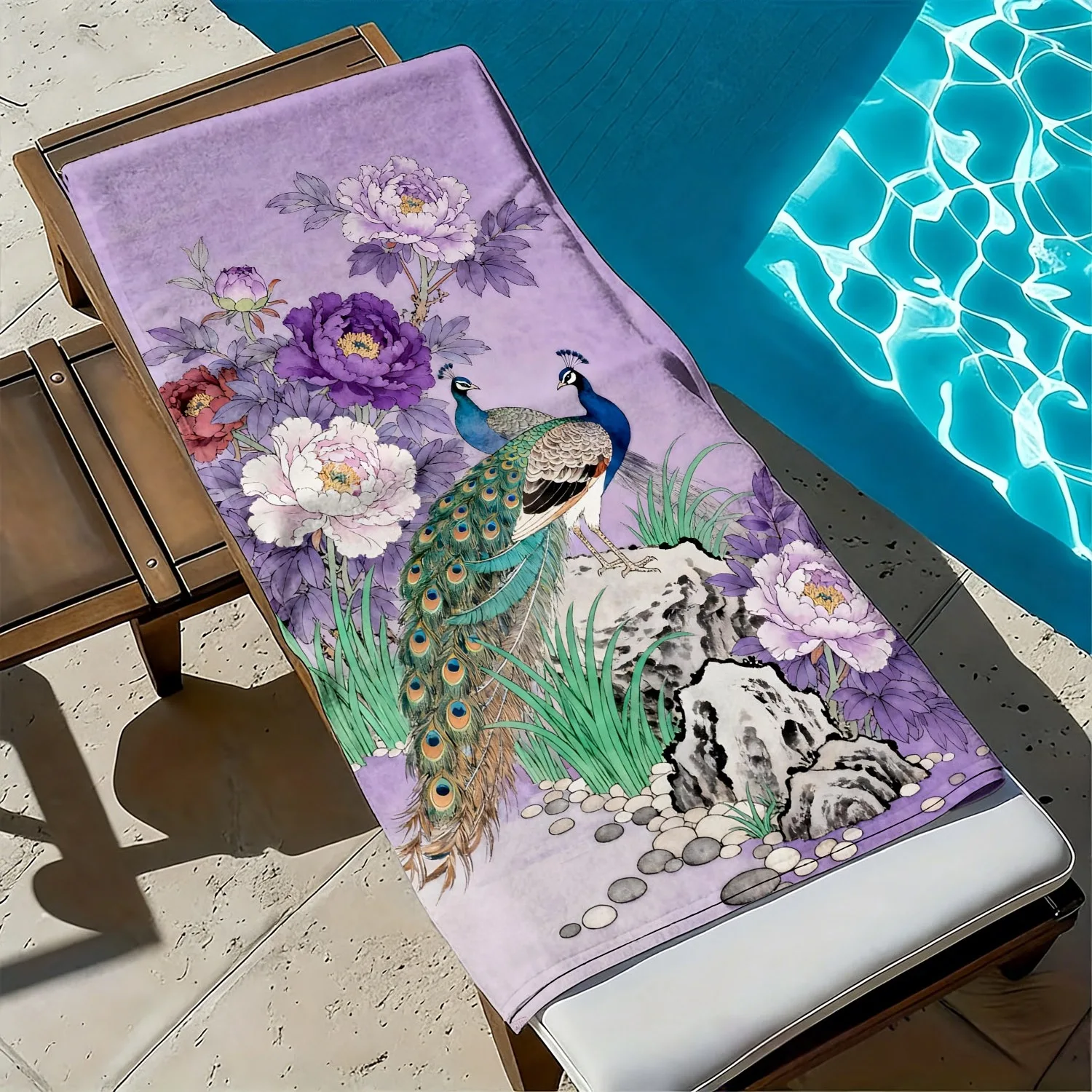 Peacock and peony floral bird pattern polyester microfiber beach towel is highly absorbent, suitable swimming and beach outings
Peacock and peony floral bird pattern polyester microfiber beach towel is highly absorbent, suitable swimming and beach outings