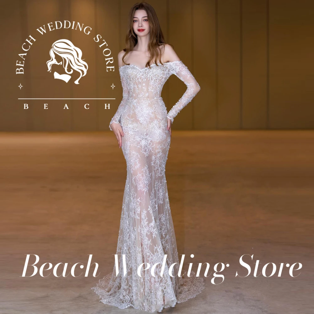 Beach Customized Off The Shoulder Long Sleeved Lace Mermaid Wedding Dress Sheer Bodice Cathedral Veil Bridal Gown Long Train
Beach Customized Off The Shoulder Long Sleeved Lace Mermaid Wedding Dress Sheer Bodice Cathedral Veil Bridal Gown Long Train