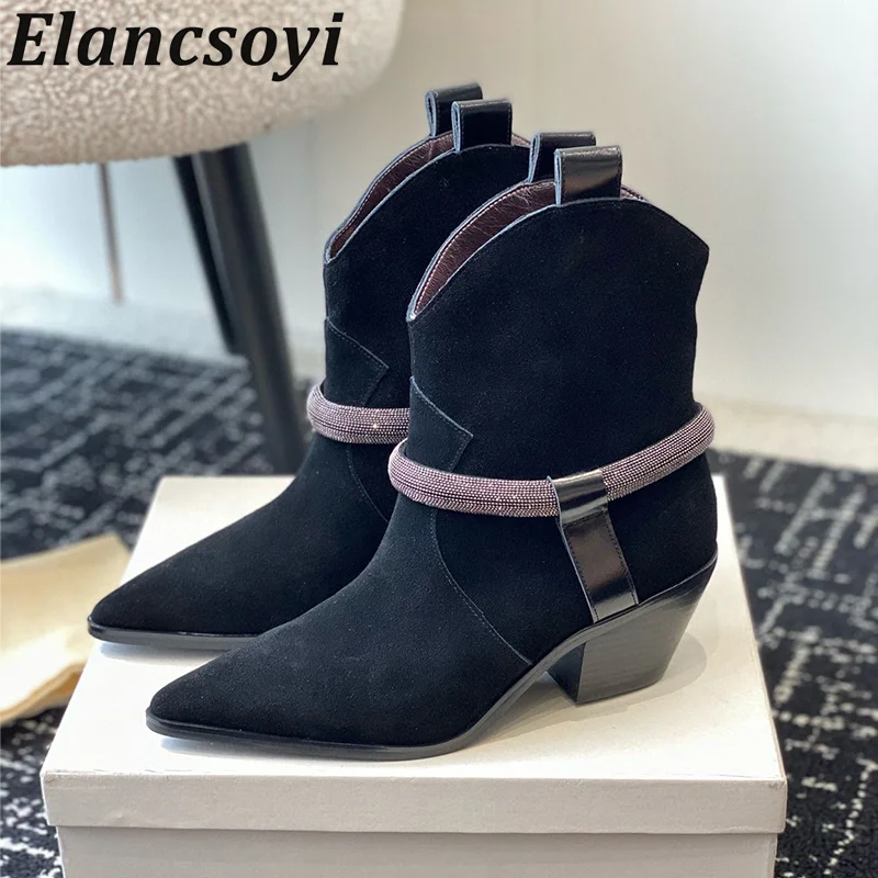 Autumn Winter Pointed Toe Cow Suede Square Heel Short Boots Women Crystal Circle Design Ankle Botas British Style Riding Boots
Autumn Winter Pointed Toe Cow Suede Square Heel Short Boots Women Crystal Circle Design Ankle Botas British Style Riding Boots