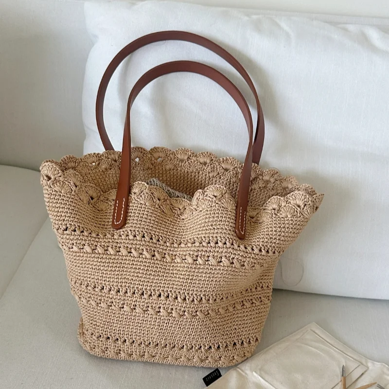 French Elegant Lace Women's Woven Bag Leather Handle Bucket Zipper Large Capacity Tote Bag Casual Minimalist Vacation Beach Bag
French Elegant Lace Women's Woven Bag Leather Handle Bucket Zipper Large Capacity Tote Bag Casual Minimalist Vacation Beach Bag