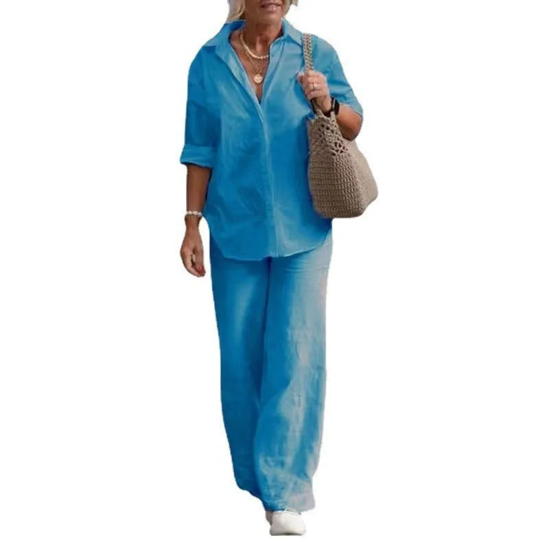 Spring Autumn Fashion Solid Cotton Linen Two Piece Sets Suits Women's Lapel Long Sleeve Top + Wide Leg Pants Set Casual Outfits
Spring Autumn Fashion Solid Cotton Linen Two Piece Sets Suits Women's Lapel Long Sleeve Top + Wide Leg Pants Set Casual Outfits