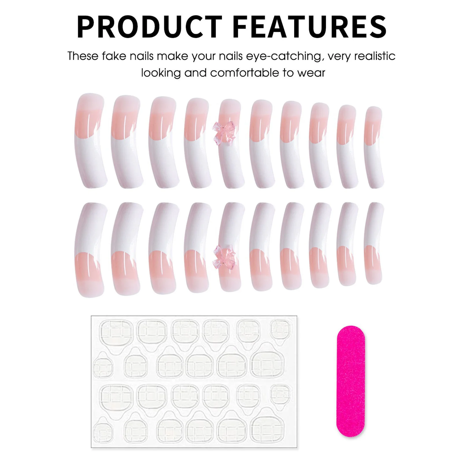 White French Long Curved False Nails 20Pcs Nude Pink Press On Nails 3D Bowknot Decor Spicy Girls Charm Acrylic Nails Tips
White French Long Curved False Nails 20Pcs Nude Pink Press On Nails 3D Bowknot Decor Spicy Girls Charm Acrylic Nails Tips