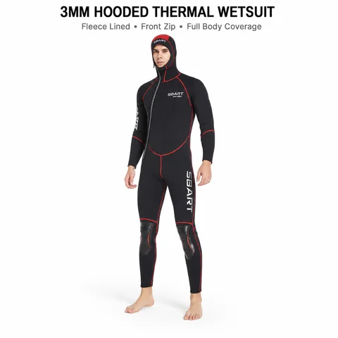 SBART 3mm Men's Hooded Wetsuit Fleece Lined Front Zip Neoprene Diving Suit for Cold Water Surfing Snorkeling Swimming