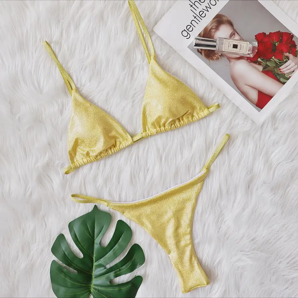 Gold Bikinis Set Hot Summer Padded Triangle Bra Low Waist Swim Bottoms Fashion Shiny Lady Bathing Suit Beachwear
Gold Bikinis Set Hot Summer Padded Triangle Bra Low Waist Swim Bottoms Fashion Shiny Lady Bathing Suit Beachwear