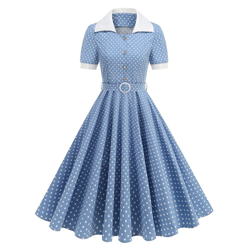 2025 New Hepburn Vintage Polka Dot Buttons Front Rockabilly Dress Women Contrast Collar Short Sleeve Belted Party Swing Dresses
2025 New Hepburn Vintage Polka Dot Buttons Front Rockabilly Dress Women Contrast Collar Short Sleeve Belted Party Swing Dresses