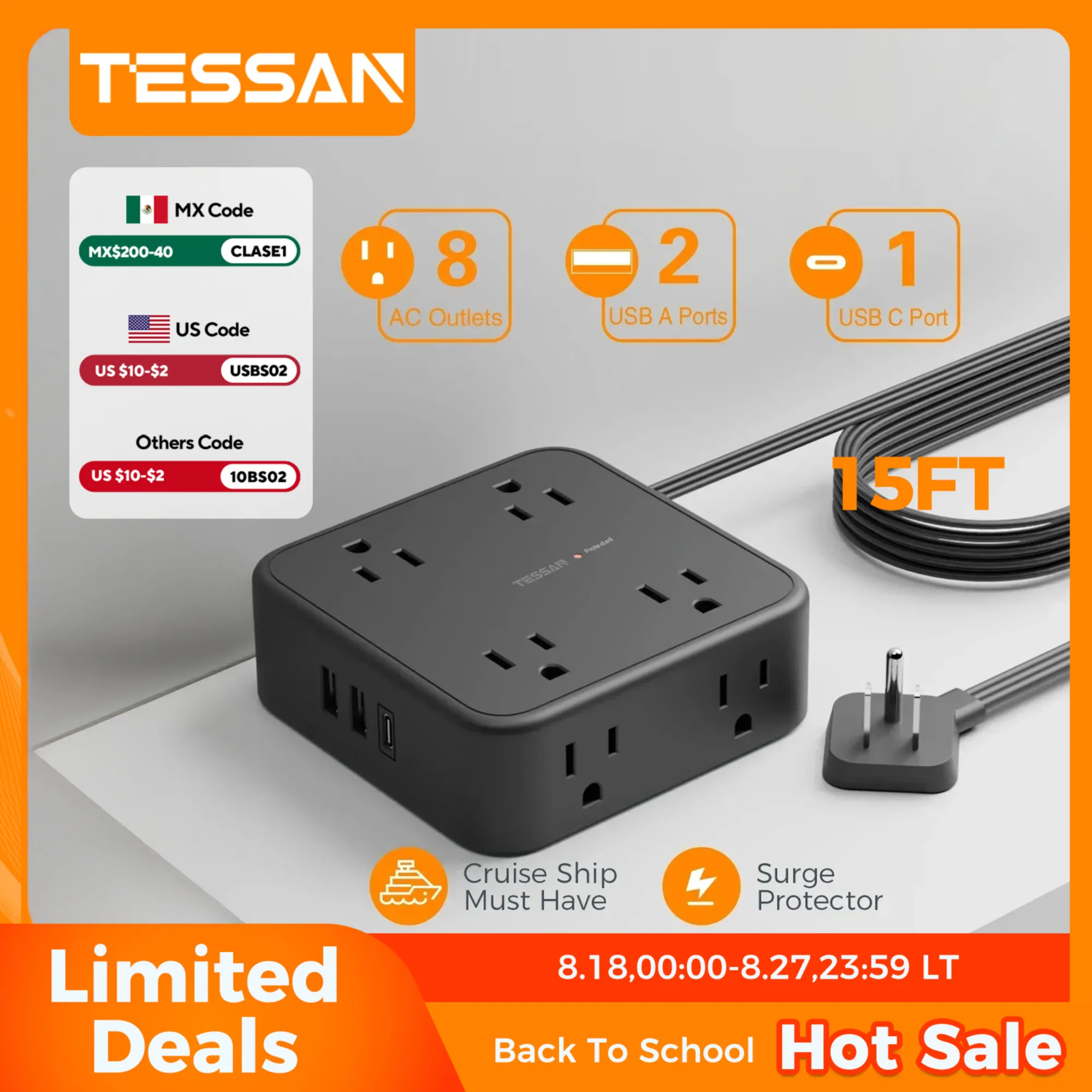 Ультратонкая плоская вилка TESSAN, сетевой фильтр с 8 розетками, 3 USB (1 Type-C), зарядная станция с защитой от перенапряжения 900J
Ультратонкая плоская вилка TESSAN, сетевой фильтр с 8 розетками, 3 USB (1 Type-C), зарядная станция с защитой от перенапряжения 900J
