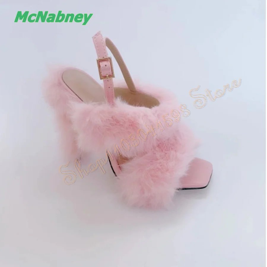 Fashion Furry Leather Sandals for Women,Flat Toe Chunky Buckle High Heel Shoes Wedding Party Heels 2023 New Zapatos Para Mujere
Fashion Furry Leather Sandals for Women,Flat Toe Chunky Buckle High Heel Shoes Wedding Party Heels 2023 New Zapatos Para Mujere