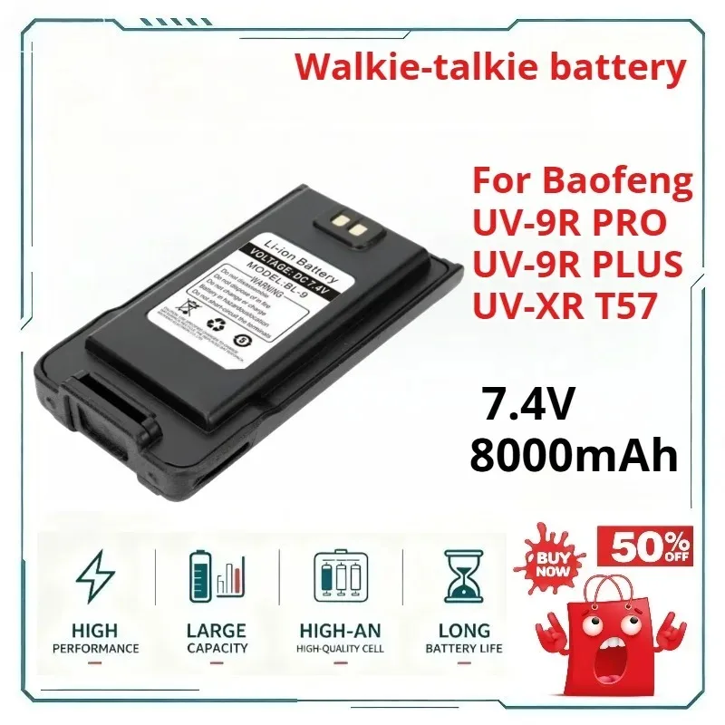 UV-9R for Baofeng UV-9R PRO UV-9R PLUS UV-XR T57 7.4V 8000mAh IP68 Waterproof Support Type-C Walkie-talkie battery
UV-9R for Baofeng UV-9R PRO UV-9R PLUS UV-XR T57 7.4V 8000mAh IP68 Waterproof Support Type-C Walkie-talkie battery