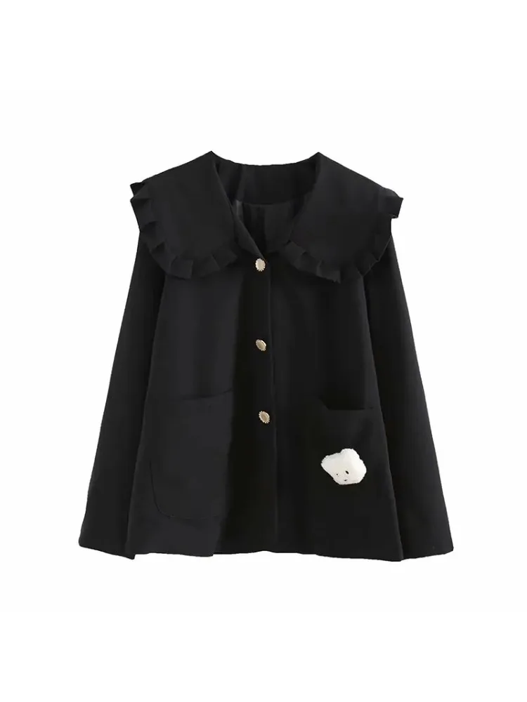 Black Solid Women Jacket For Cartoon Appliques 2020 Winter Single Breasted Long Sleeve Ruffled Neck Casual Outwears Coat
Black Solid Women Jacket For Cartoon Appliques 2020 Winter Single Breasted Long Sleeve Ruffled Neck Casual Outwears Coat