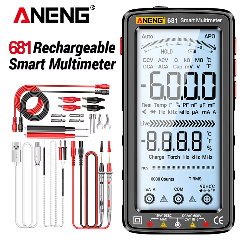ANENG 681 Rechargable Digital Professional Multimeter Non-contact Voltage Tester AC/DC Voltage Meter LCD Screen Current Tester
ANENG 681 Rechargable Digital Professional Multimeter Non-contact Voltage Tester AC/DC Voltage Meter LCD Screen Current Tester