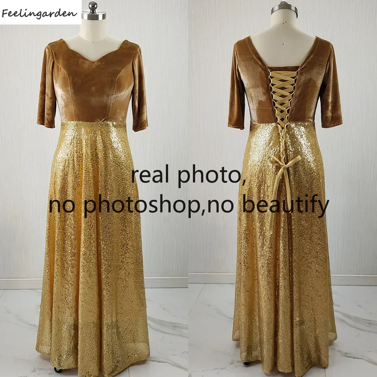 Feelingarden Customized Real Photo Gold Velvet Sequins V-neck Half Sleeves A-line Floor Length Plus size Woman Party Formal Gown
Feelingarden Customized Real Photo Gold Velvet Sequins V-neck Half Sleeves A-line Floor Length Plus size Woman Party Formal Gown
