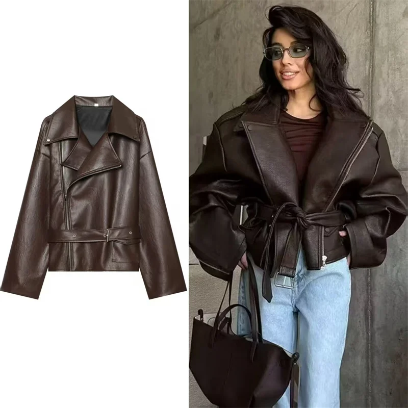 2026 Autumn New Women's Jacket Brown Long Sleeve European and American Style Lapel with Belt Decor Motorcycle Style Jacket Trend
2026 Autumn New Women's Jacket Brown Long Sleeve European and American Style Lapel with Belt Decor Motorcycle Style Jacket Trend